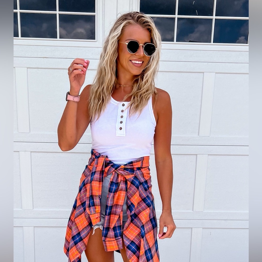 White Ribbed Henley Tank Top